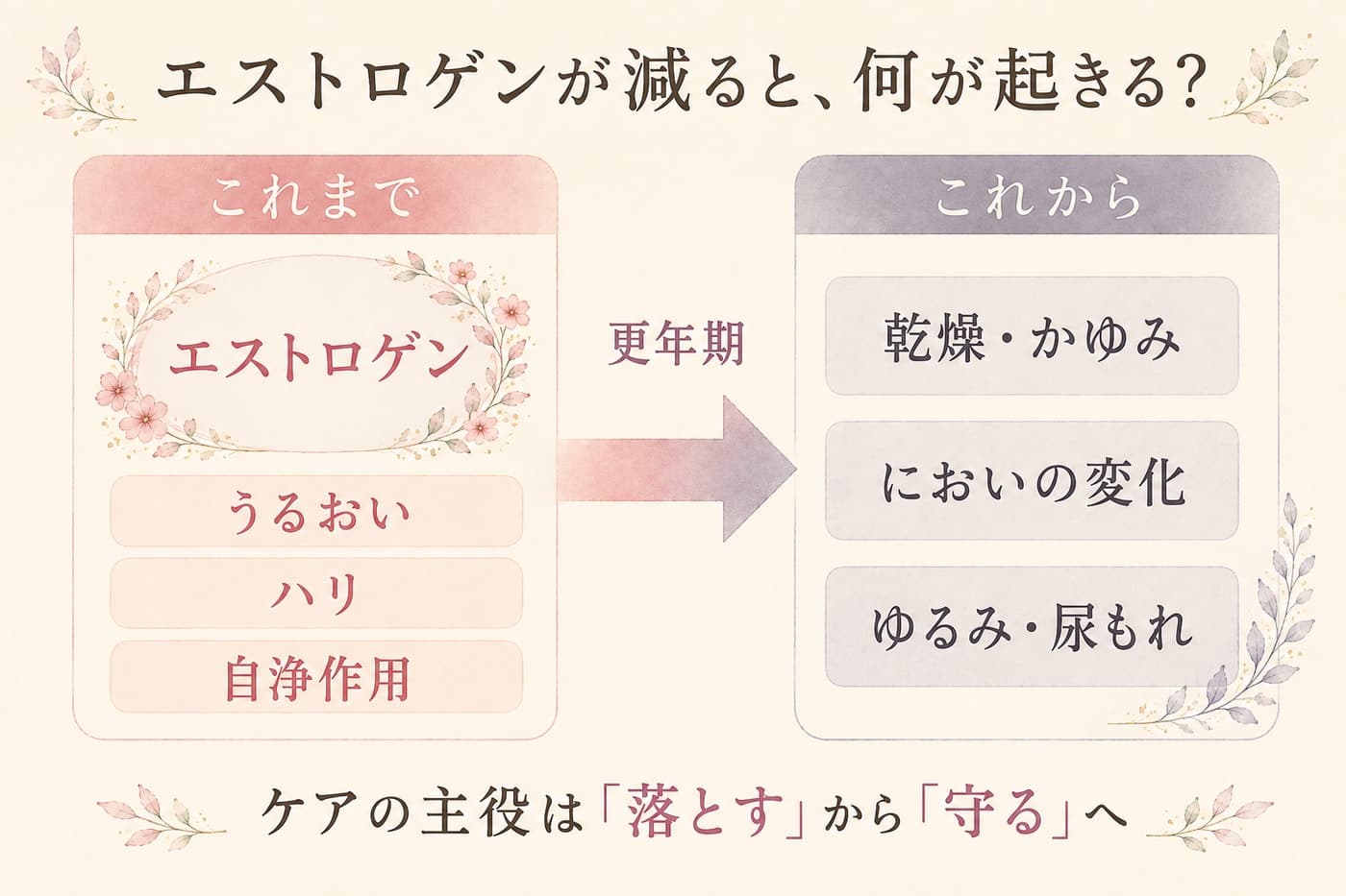 エストロゲンが減ると何が起きる?(うるおい・ハリ・自浄作用が弱まり、乾燥・においの変化・ゆるみにつながる)